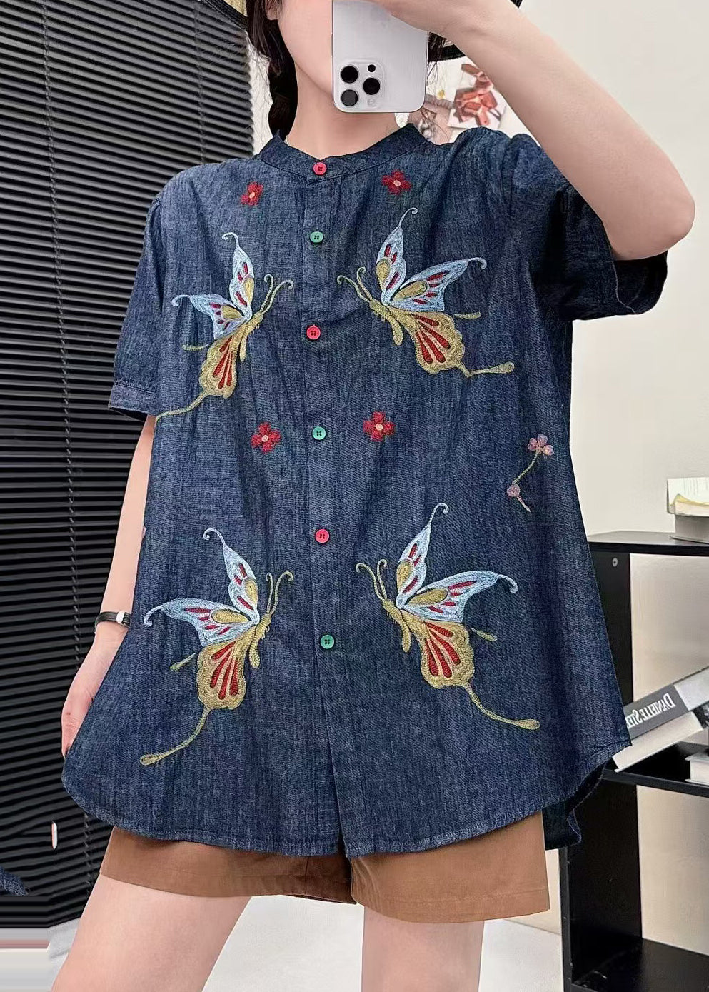 Art Navy Embroidered Butterfly Denim Shirts Summer