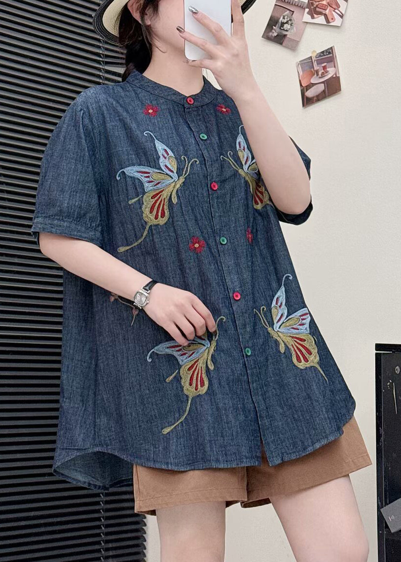 Art Navy Embroidered Butterfly Denim Shirts Summer