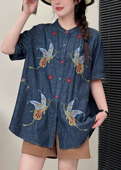 Art Navy Embroidered Butterfly Denim Shirts Summer