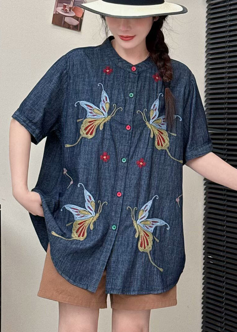 Art Navy Embroidered Butterfly Denim Shirts Summer