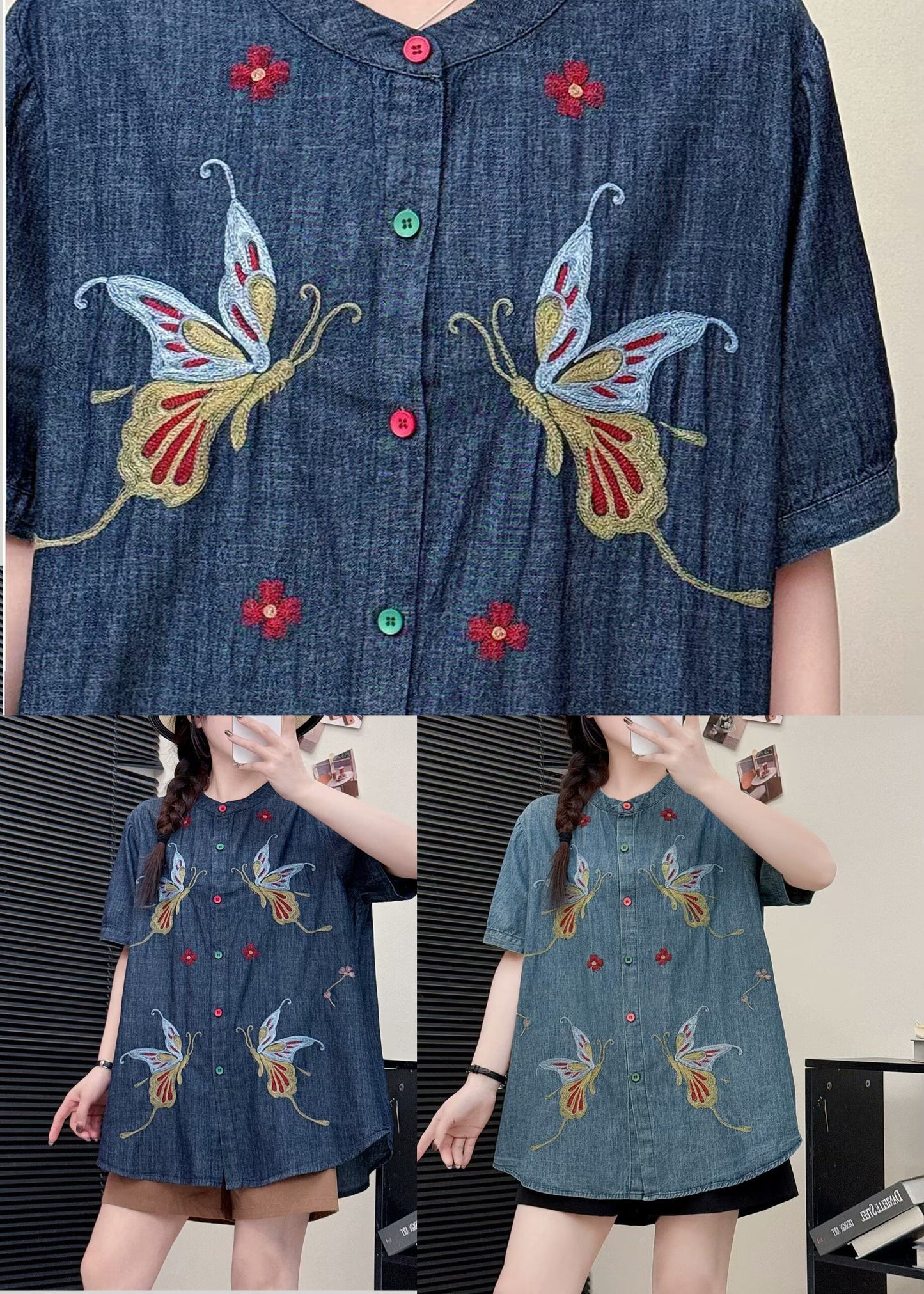 Art Navy Embroidered Butterfly Denim Shirts Summer