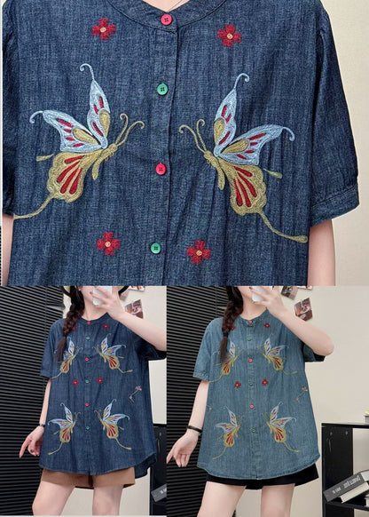 Art Navy Embroidered Butterfly Denim Shirts Summer