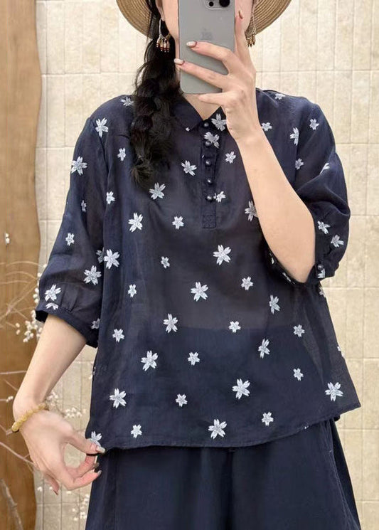 Art Navy Flower Embroidered Linen Pants Half Sleeve