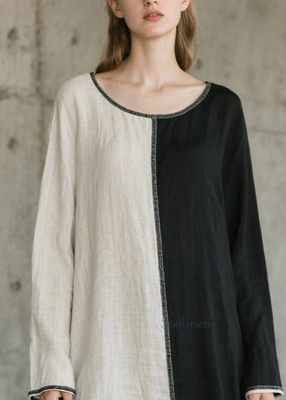 Vestidos largos de algodón con cuello redondo y patchwork asimétrico para primavera