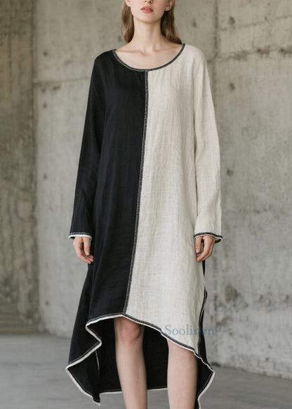 Vestidos largos de algodón con cuello redondo y patchwork asimétrico para primavera