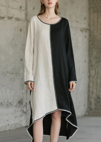 Vestidos largos de algodón con cuello redondo y patchwork asimétrico para primavera