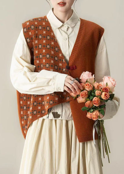 Tops de punto con estampado asimétrico naranja artístico para invierno