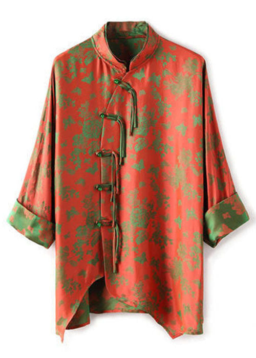 Art pink crane Doppellagiger Kragen Asymmetrisches Jacquard-Seidenhemd Top Herbst