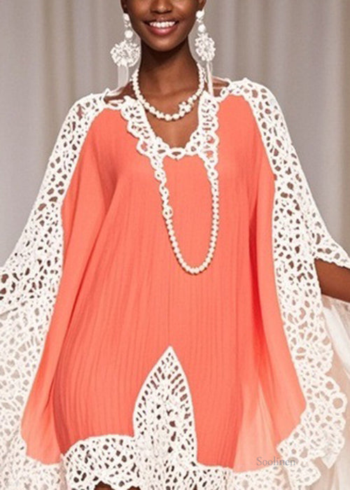 Art Orange Hollow Out Chiffon Patchwork Dresses Half Sleeve