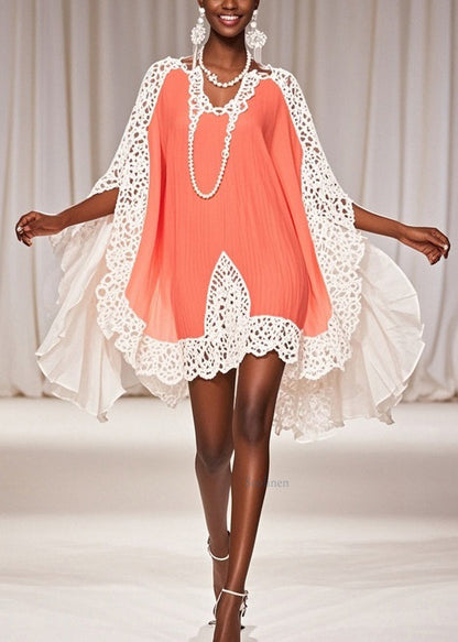 Art Orange Hollow Out Chiffon Patchwork Dresses Half Sleeve