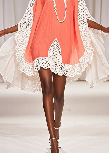 Art Orange Hollow Out Chiffon Patchwork Dresses Half Sleeve