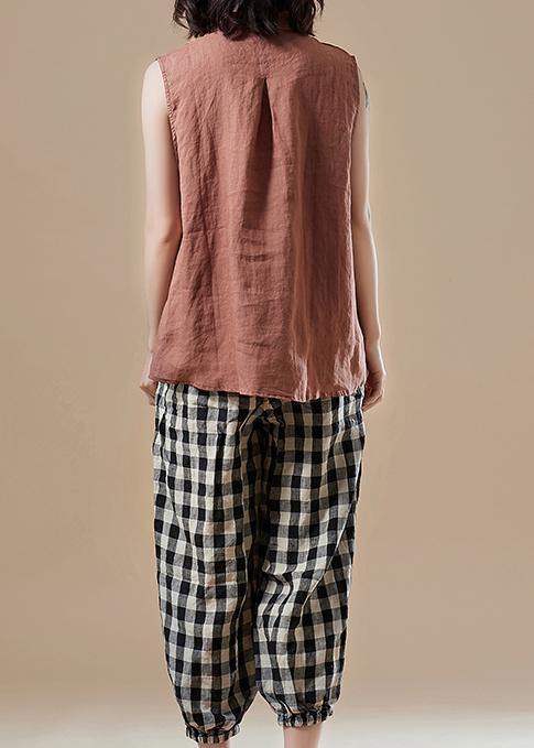 Art Peter pan Collar Sleeveless cotton tunic pattern plus size Sleeve brown Knee blouses Summer - SooLinen