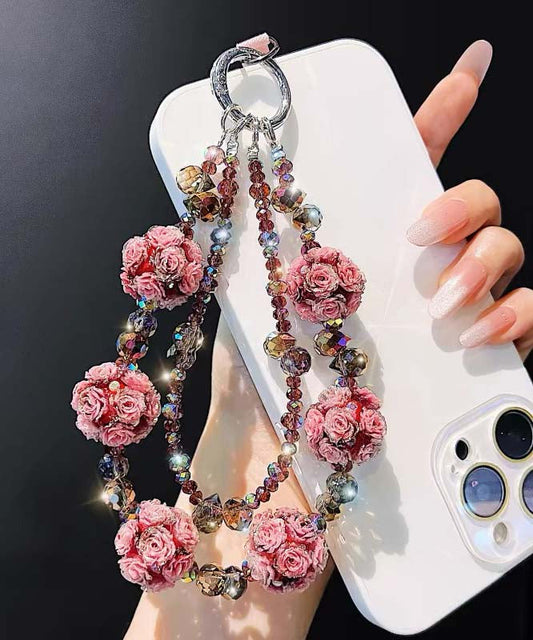 Cadenas para teléfono con cuentas de cristal y diseño floral de aleación rosa