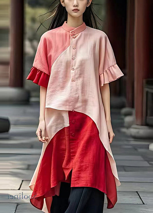 Art Pink Asymmetrisches Patchwork Leinen Hemdkleid Sommer