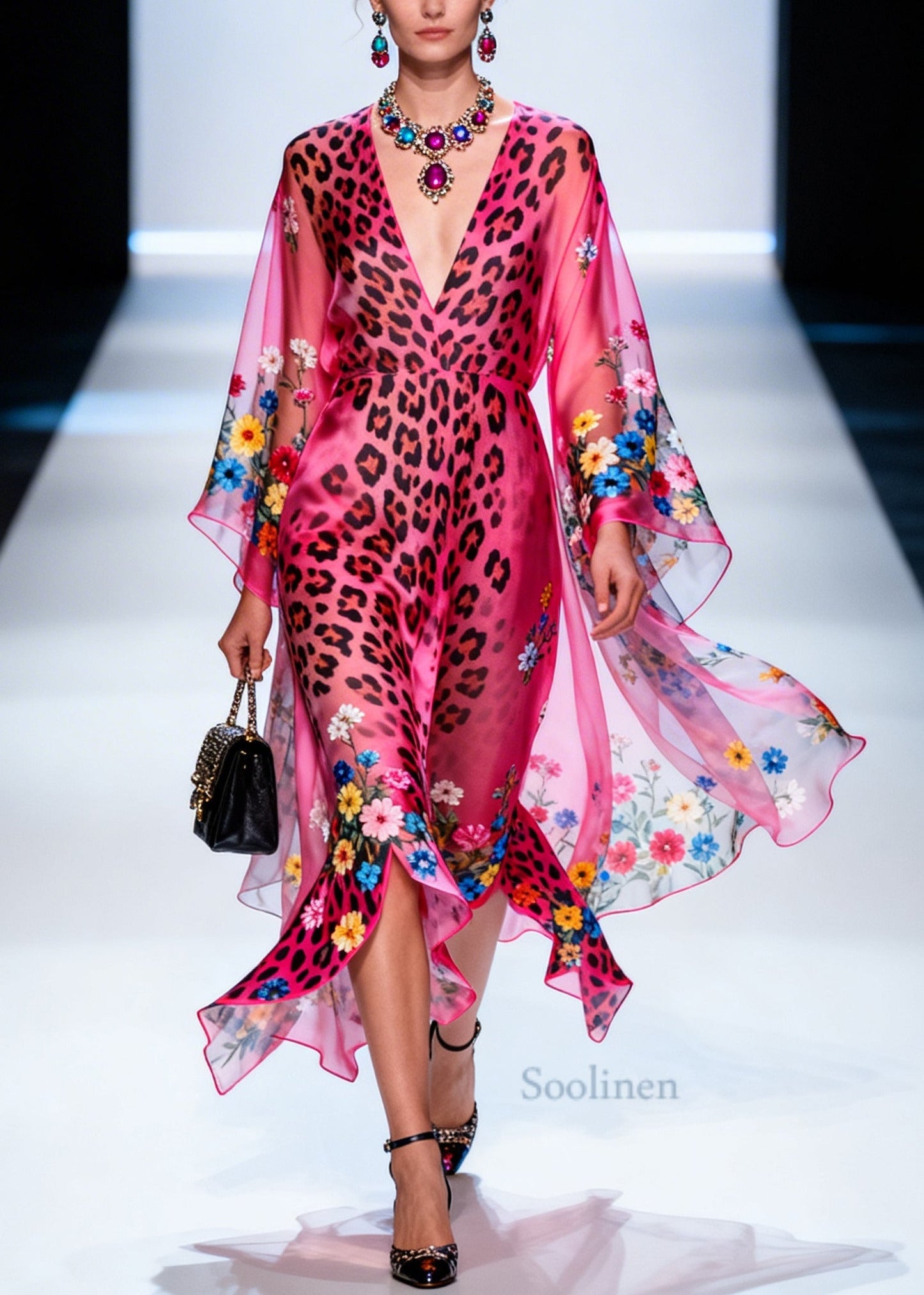 Art Pink Asymmetrical Print Chiffon Long Dresses Summer