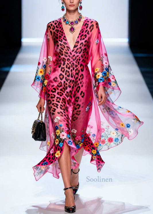 Art Pink Asymmetrical Print Chiffon Long Dresses Summer