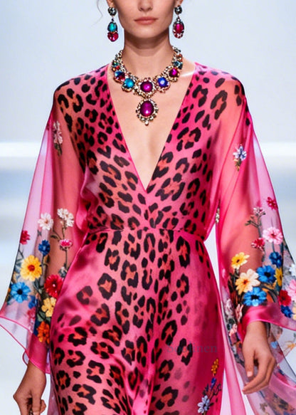 Art Pink Asymmetrical Print Chiffon Long Dresses Summer