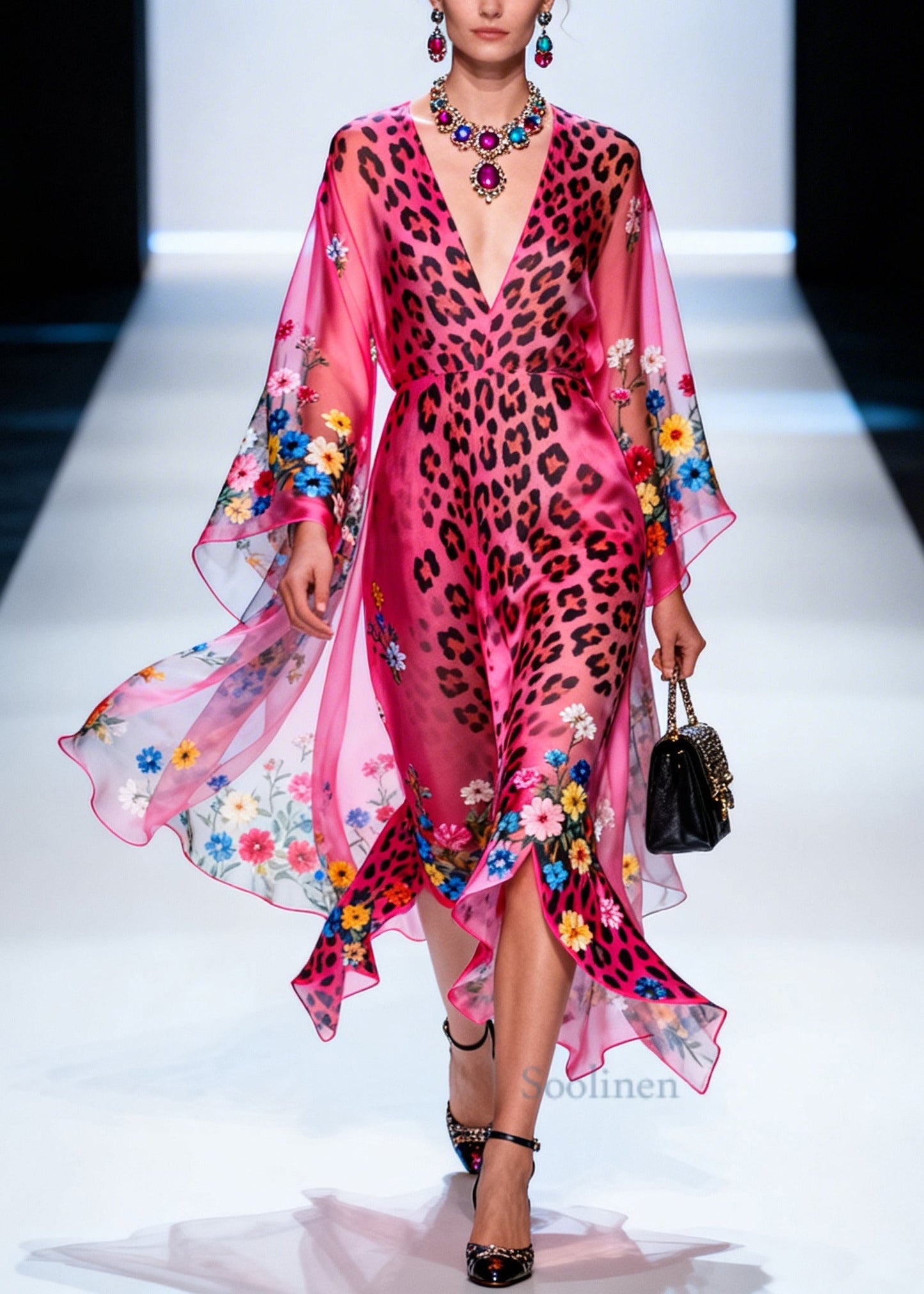 Art Pink Asymmetrical Print Chiffon Long Dresses Summer