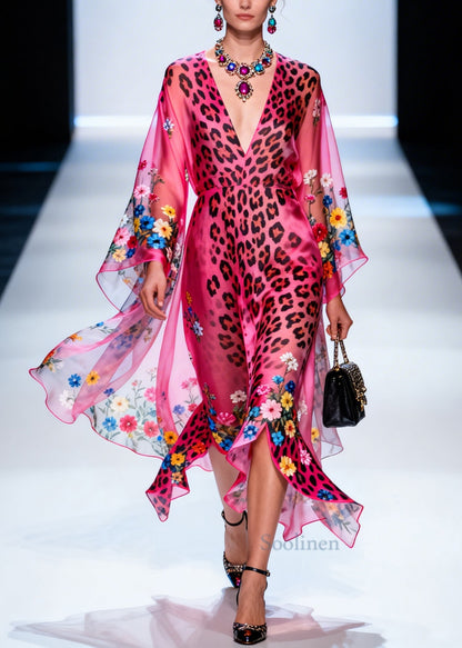 Art Pink Asymmetrical Print Chiffon Long Dresses Summer