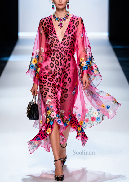 Art Pink Asymmetrical Print Chiffon Long Dresses Summer