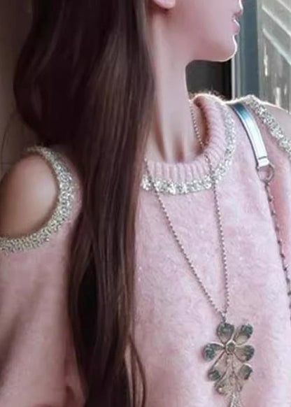 Suéter de punto con patchwork y lentejuelas con hombros descubiertos de color rosa artístico para invierno