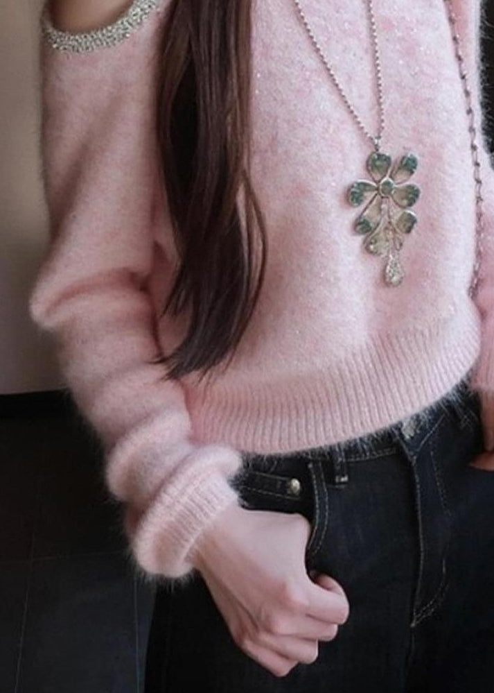 Suéter de punto con patchwork y lentejuelas con hombros descubiertos de color rosa artístico para invierno