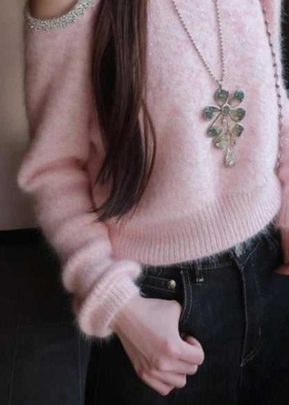 Suéter de punto con patchwork y lentejuelas con hombros descubiertos de color rosa artístico para invierno