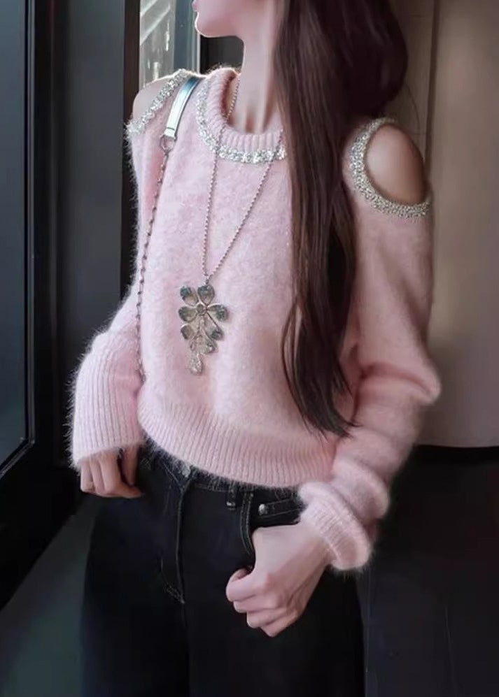 Suéter de punto con patchwork y lentejuelas con hombros descubiertos de color rosa artístico para invierno