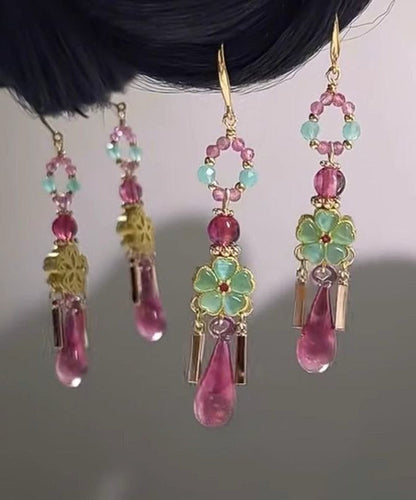 Art Pink Copper Overgild Water Droplet Tassel Drop Earrings