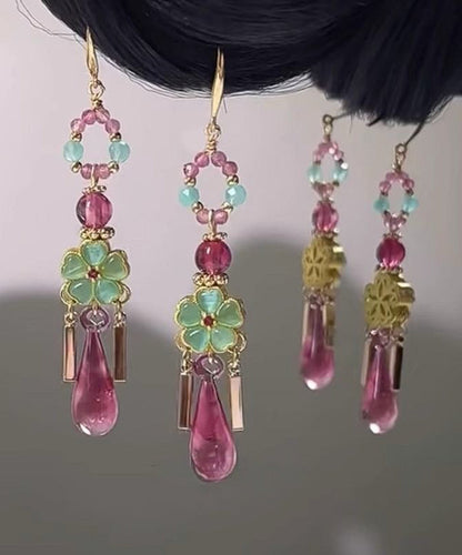 Art Pink Copper Overgild Water Droplet Tassel Drop Earrings