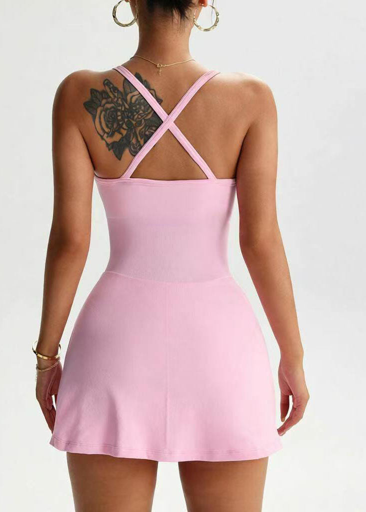 Art Pink Cross Strap Side Open Built-In Shorts Dresses Summer