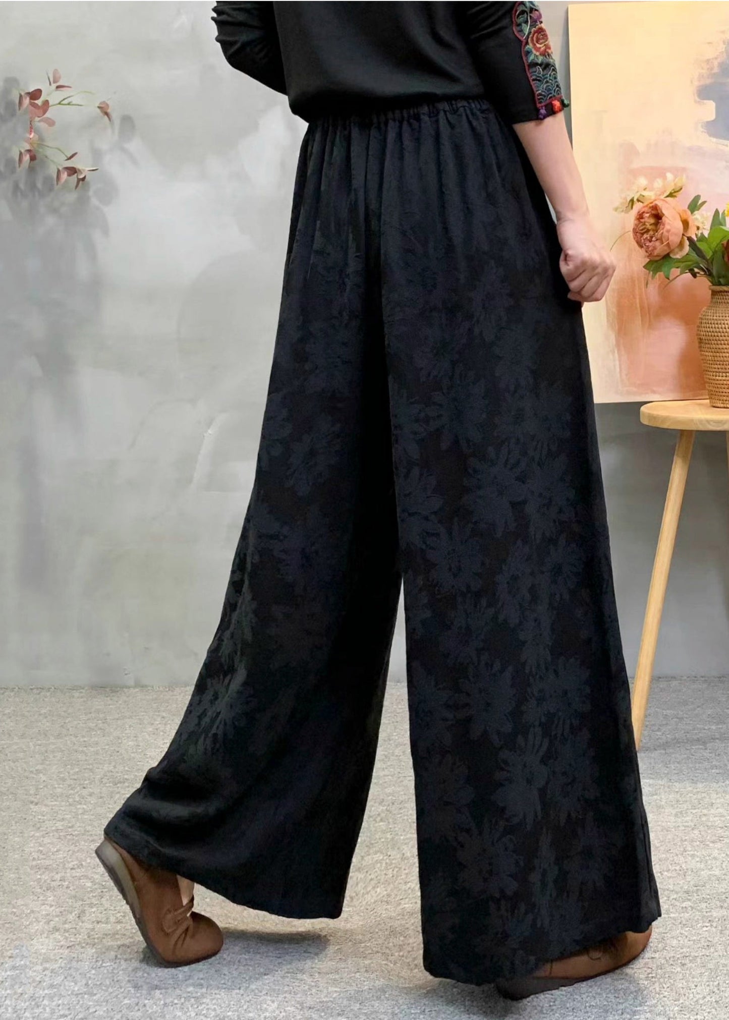 Art Pink Embroidered Jacquard Cotton Straight Pants Spring