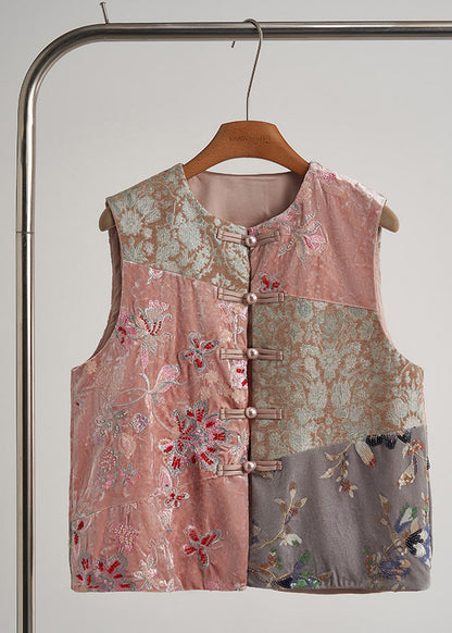 Kunstrosa bestickte Nagelperlen-Seidenvelours-Westen im orientalischen Stil für den Frühling