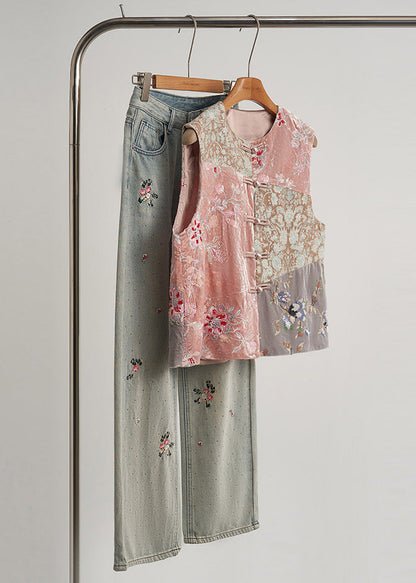 Kunstrosa bestickte Nagelperlen-Seidenvelours-Westen im orientalischen Stil für den Frühling