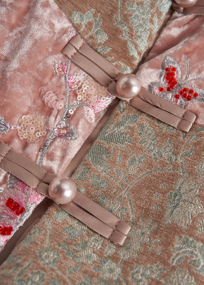 Kunstrosa bestickte Nagelperlen-Seidenvelours-Westen im orientalischen Stil für den Frühling