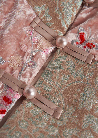 Kunstrosa bestickte Nagelperlen-Seidenvelours-Westen im orientalischen Stil für den Frühling