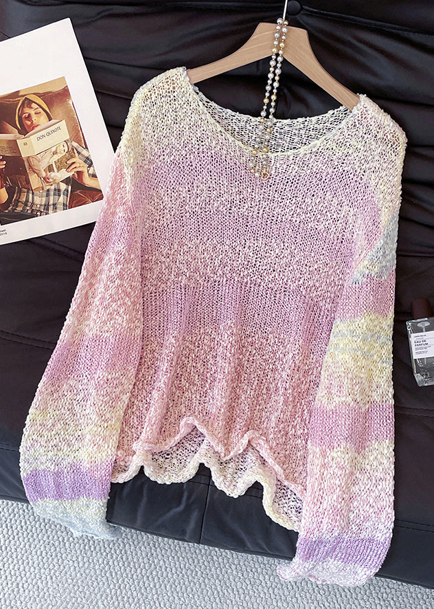 Art Pink Gradient Color Hollow Out Cozy Knit Sweater Tops Fall