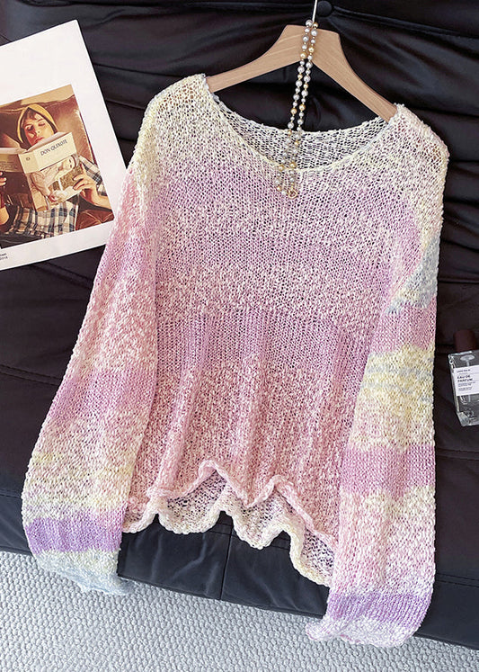 Art Pink Gradient Color Hollow Out Cozy Knit Sweater Tops Fall