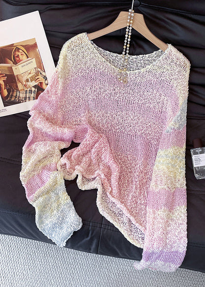 Art Pink Gradient Color Hollow Out Cozy Knit Sweater Tops Fall