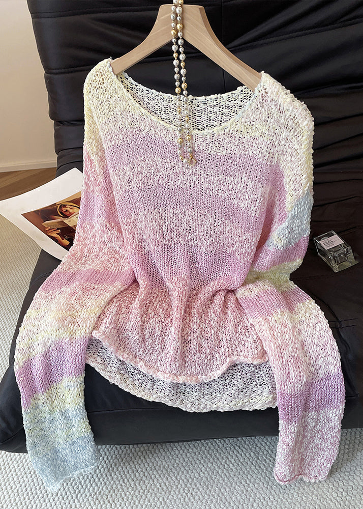 Art Pink Gradient Color Hollow Out Cozy Knit Sweater Tops Fall