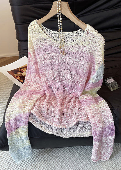 Art Pink Gradient Color Hollow Out Cozy Knit Sweater Tops Fall