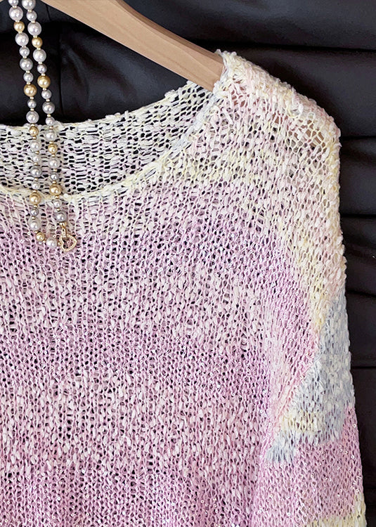 Art Pink Gradient Color Hollow Out Cozy Knit Sweater Tops Fall