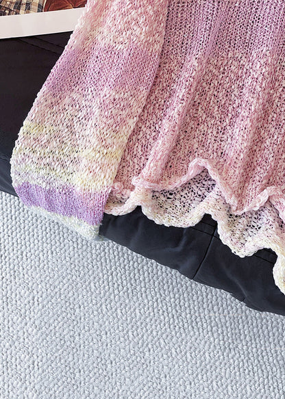 Art Pink Gradient Color Hollow Out Cozy Knit Sweater Tops Fall