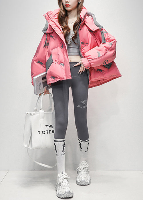 Abrigo de plumón de pato con cremallera y estampado de arte rosa para invierno