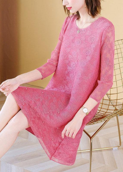 Art Pink O-Neck Long sleeve Maxi Summer Lace Dress - SooLinen