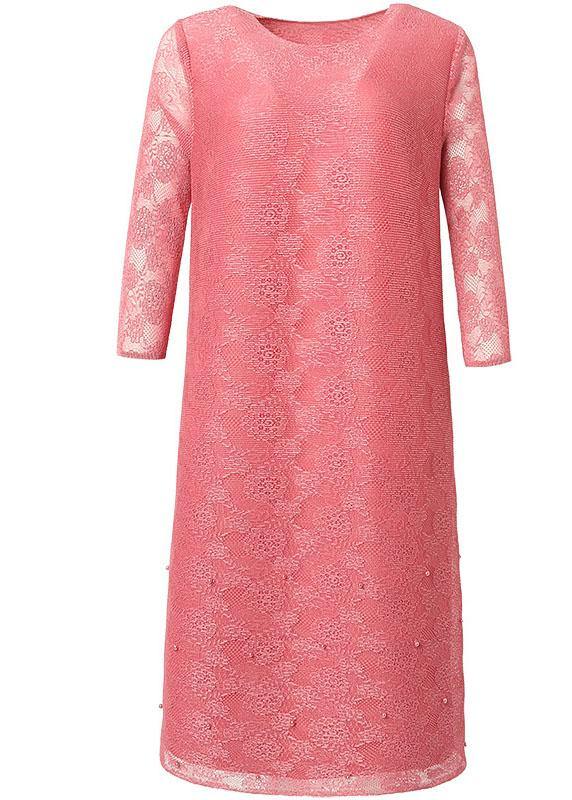 Art Pink O-Neck Long sleeve Maxi Summer Lace Dress - SooLinen
