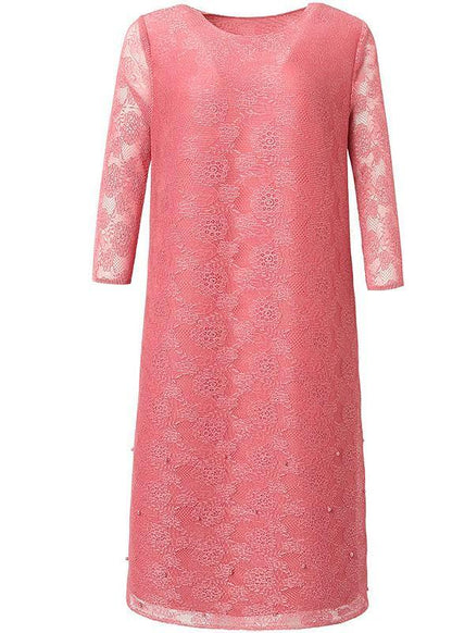 Art Pink O-Neck Long sleeve Maxi Summer Lace Dress - SooLinen