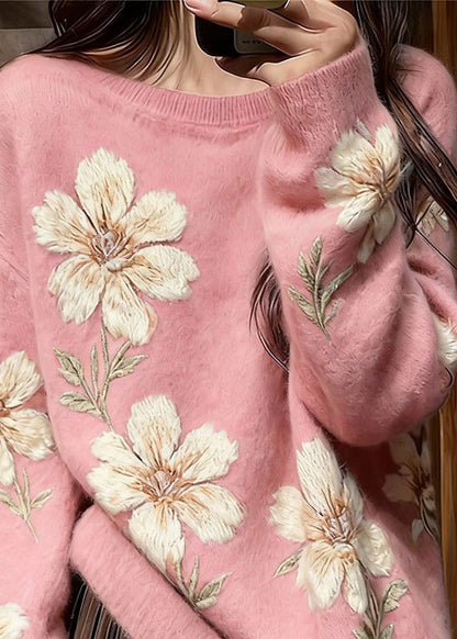 Kunstrosa O-Ausschnitt Dicker Blumenstrickpullover Winter