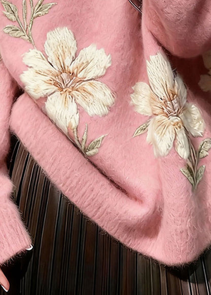 Kunstrosa O-Ausschnitt Dicker Blumenstrickpullover Winter