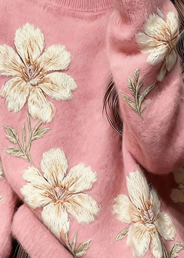 Kunstrosa O-Ausschnitt Dicker Blumenstrickpullover Winter